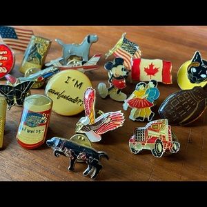 Vintage eclectic mix of enamel pins. Beer, Mickey